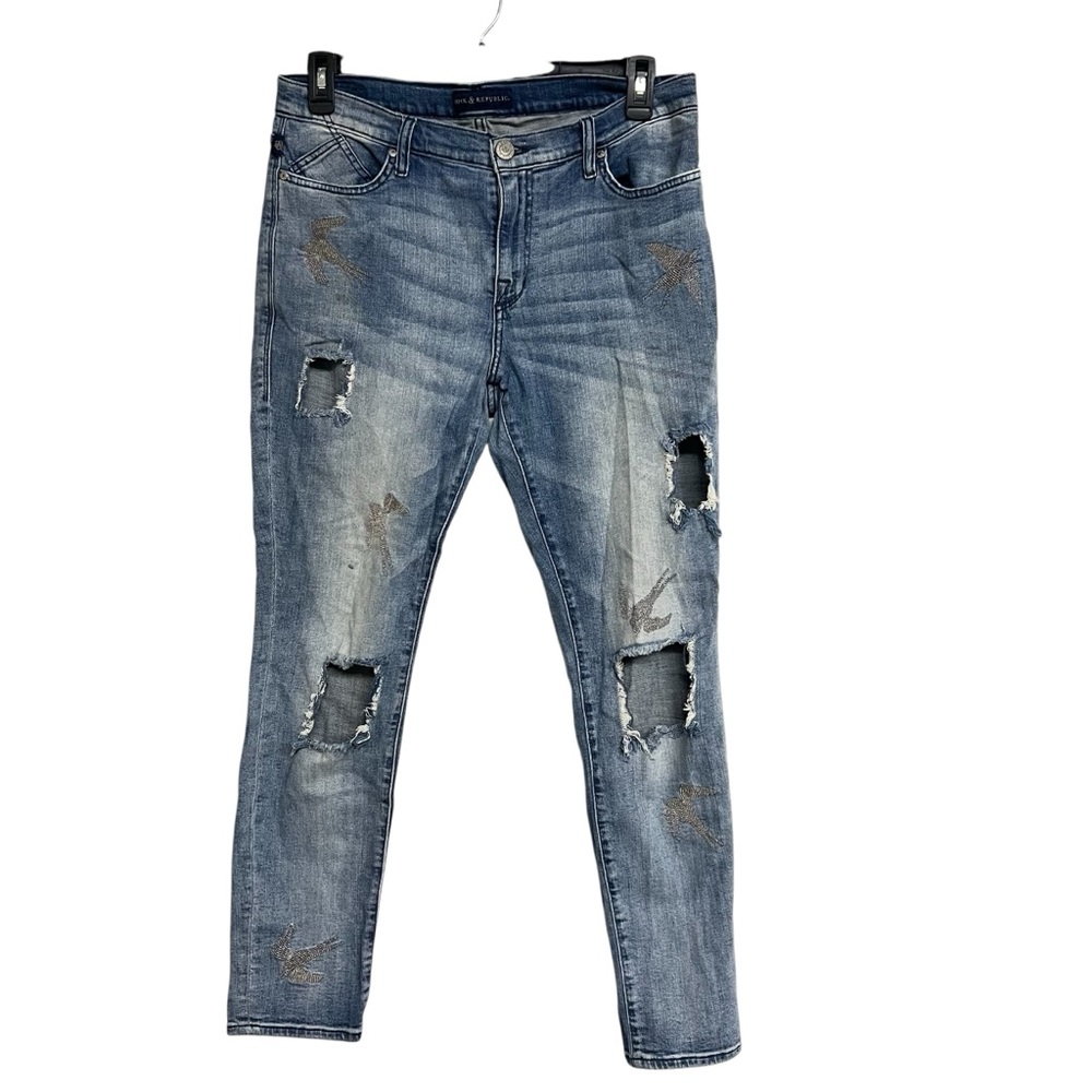 Rock & Republic‎ Distressed Thrashed Berlin Skinny Jeans Embroidered Birds